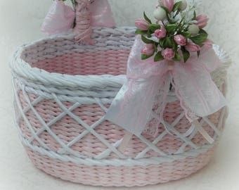 Pink wicker round basket with handle Flower girl basket with pink flowers Wedding girls basket Handwoven weddings decor Gift wedding basket