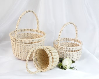 Ensemble panier de mariage rustique en osier panier de mariage de fille d'honneur avec anse Petit panier pétales Panier rond beige Mini panier de Pâques