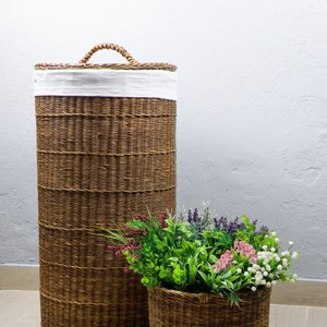 Tall Wicker Round Brown Basket With Lid Deep Laundry Basket Woven Large ...