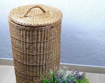 Tall wicker round brown basket with lid Deep laundry basket Woven large basket for blanket & pillows Storage bin Hamper basket Toy basket