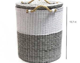 Two tone large laundry wicker round basket with lid,Woven basket for blanket & pillows,Hamper basket,Toy basket,Wicker storage basket