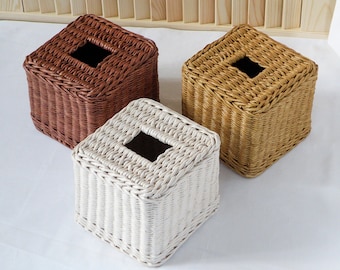 Square Tissue Box Cover Tissue Basket Tissue Box Primitive Style Basket Country Rustic Wicker Tissue Box Holder Mid century modern