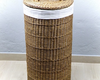 Tall wicker round brown basket with lid Deep laundry basket Woven large basket with liner Storage bin Hamper basket Toy basket Wicker hamper