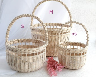 Beige wedding flower girl basket Set wicker wedding basket Barn wedding basket Small flower girl gift Rustic wicker round basket with handle