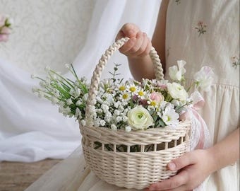 Elfenbensvit bröllopskorg med handtag för blomsterflicka 4-6 år.