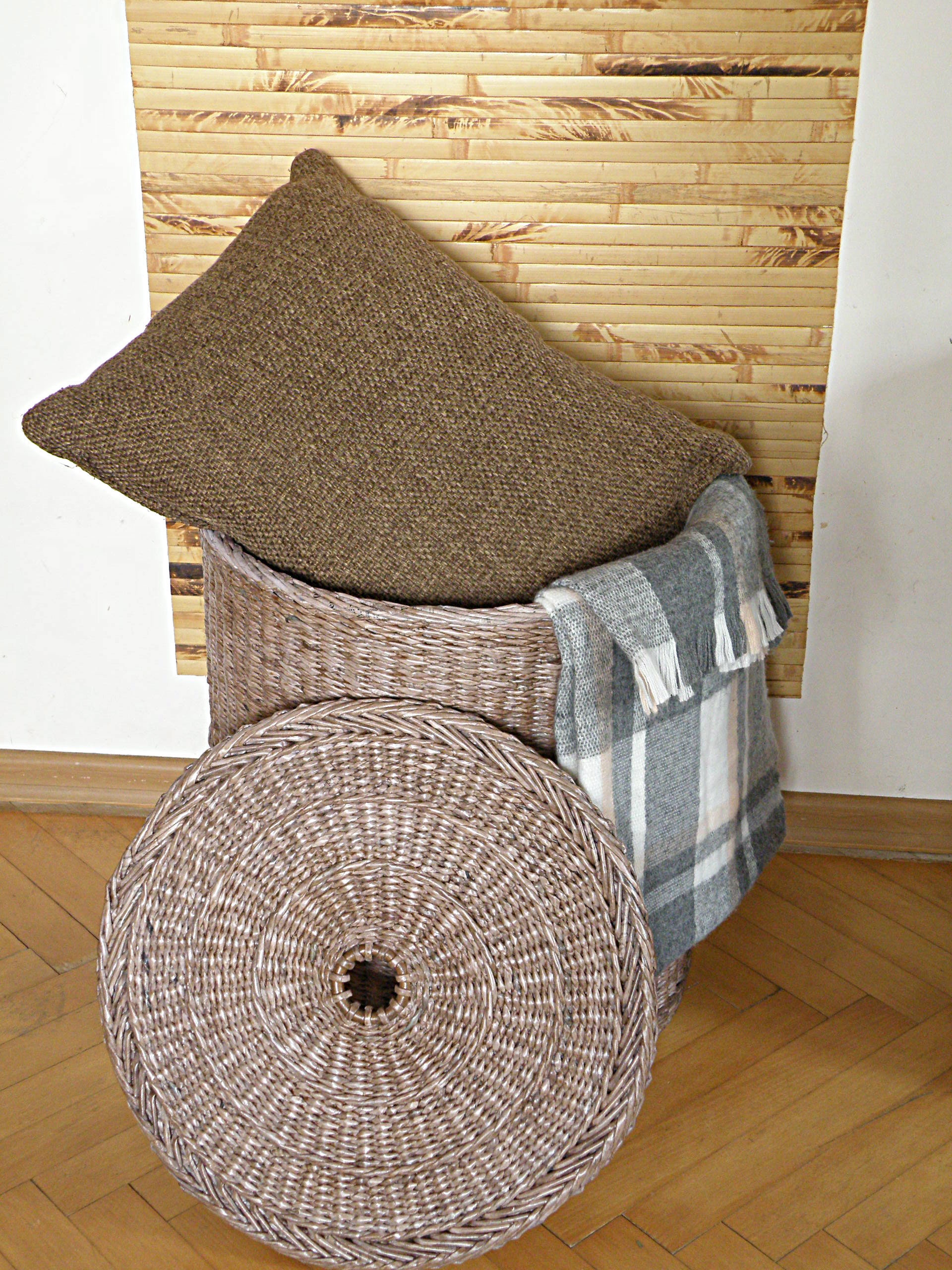Tall wicker round brown basket with lid Deep laundry basket Etsy