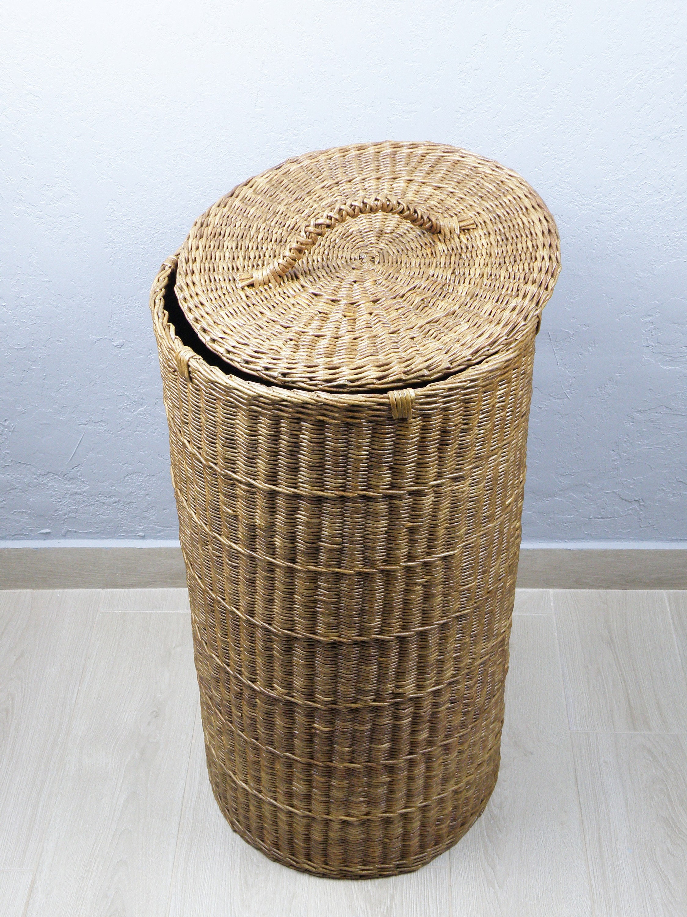 Tall laundry basket Wicker large basket with liner Round Etsy