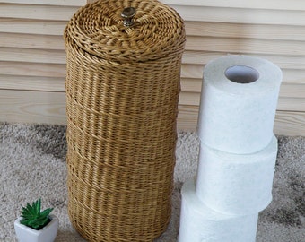 Nail free bathroom toilet paper holder, Cylinder Storage wicker basket with lid