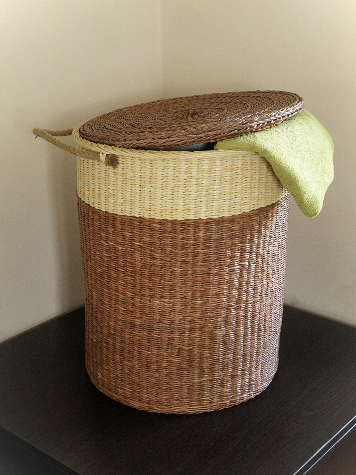Large wicker round basket with lid Two tone woven storage Etsy