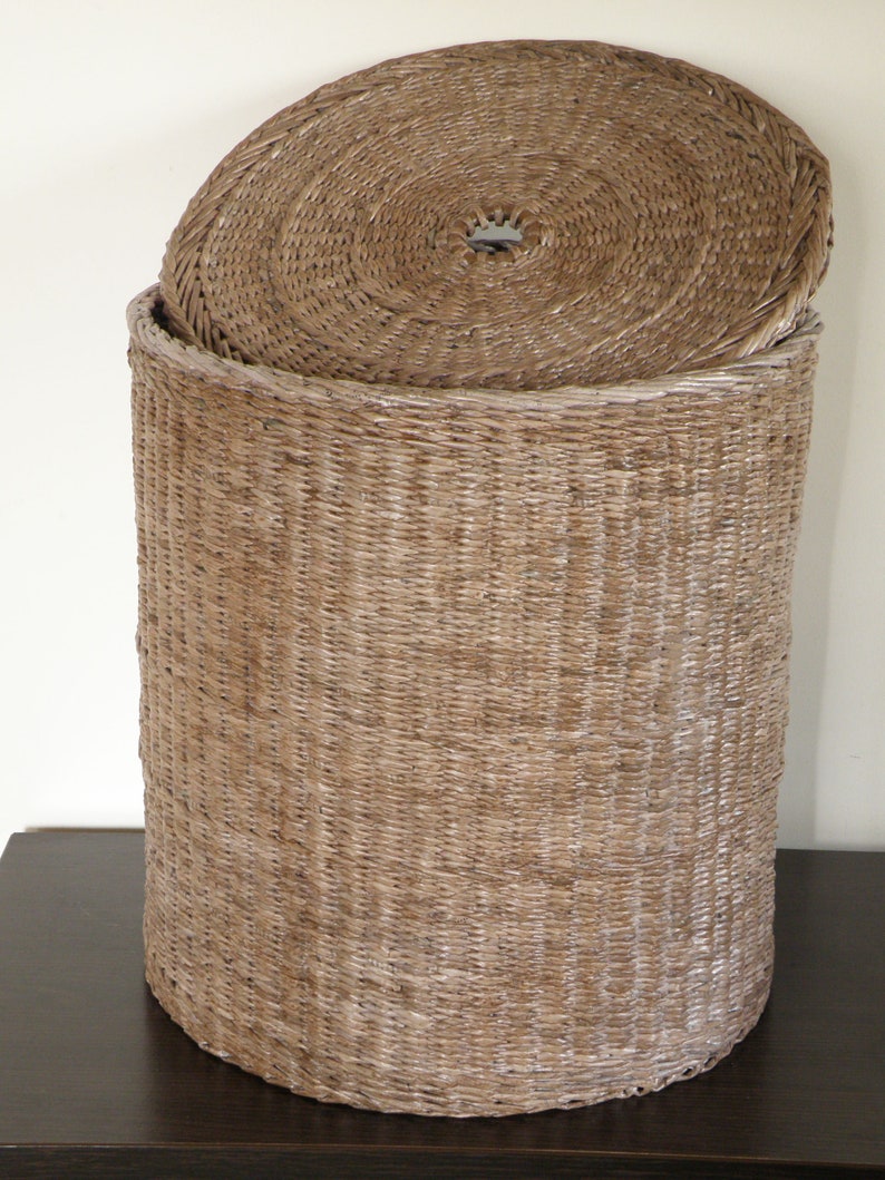 Tall wicker round brown basket with lid Deep laundry