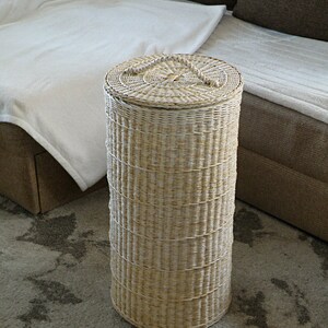 May include: A woven wicker storage basket with a lid and a handle. The basket is light brown and has a natural finish. It is sitting on a light gray rug.