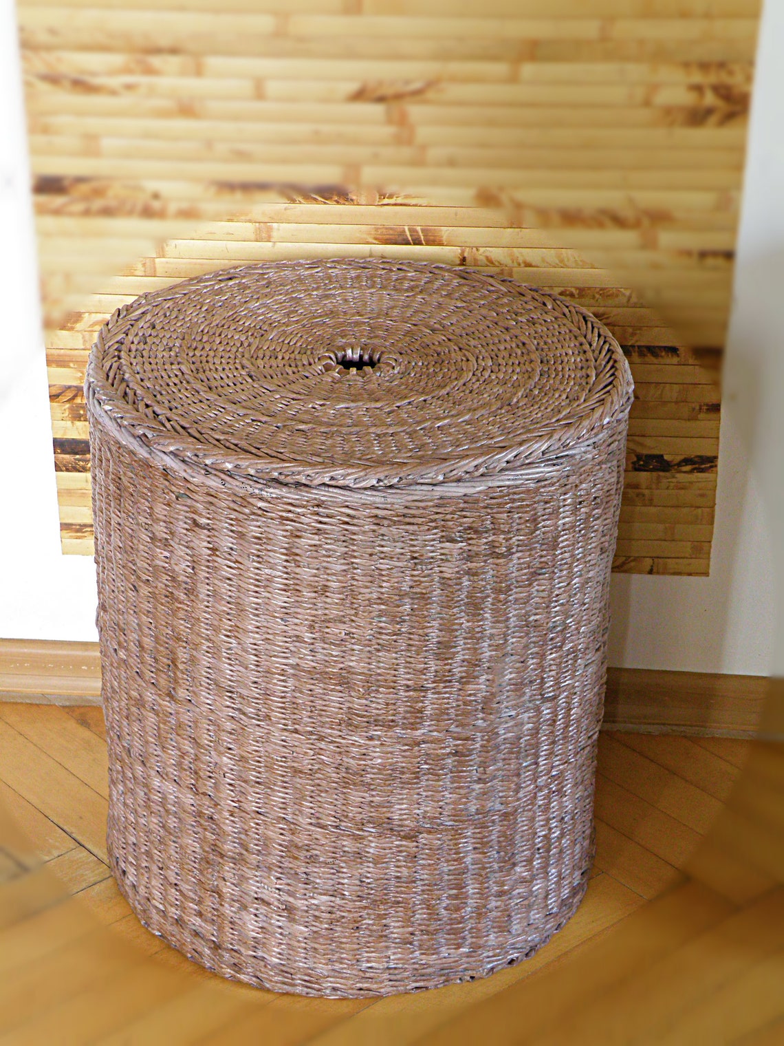 Tall wicker round brown basket with lid Deep laundry basket Etsy