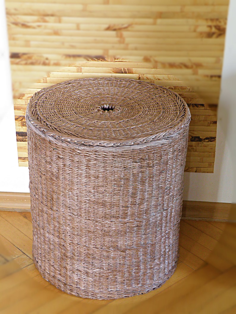 Tall wicker round brown basket with lid Deep laundry