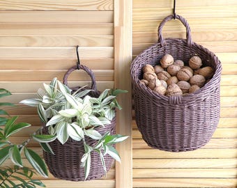 Cesto portaoggetti da parete in vimini da cucina, organizer da appendere marrone