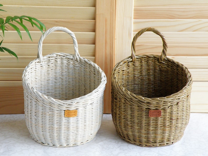 Wall hanging storage round basket Wall storage and organization Kitchen basket storage Rustic door basket Vegetable Fruit wicker baskets zdjęcie 8