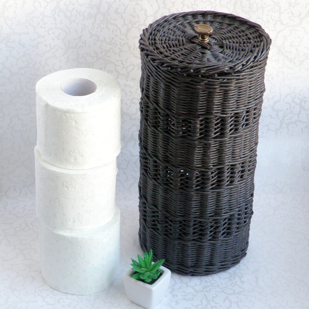Wicker Dark Brown Cylinder Bathroom Bin Toilet Roll Holder Lidded Spare ...