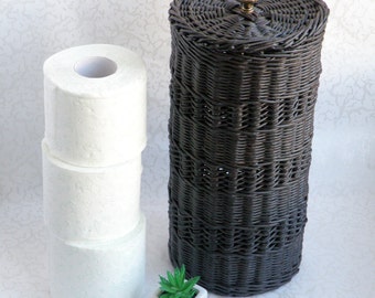 Wicker dark brown cylinder bathroom bin Toilet roll holder lidded Spare roll holder Storage basket Bath roll holder Toilet paper display