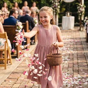 May include: A young girl in a dusky pink dress throws flower petals during a wedding ceremony. She holds a small woven basket and smiles. The petals are pink and white, scattered on a brick pathway.