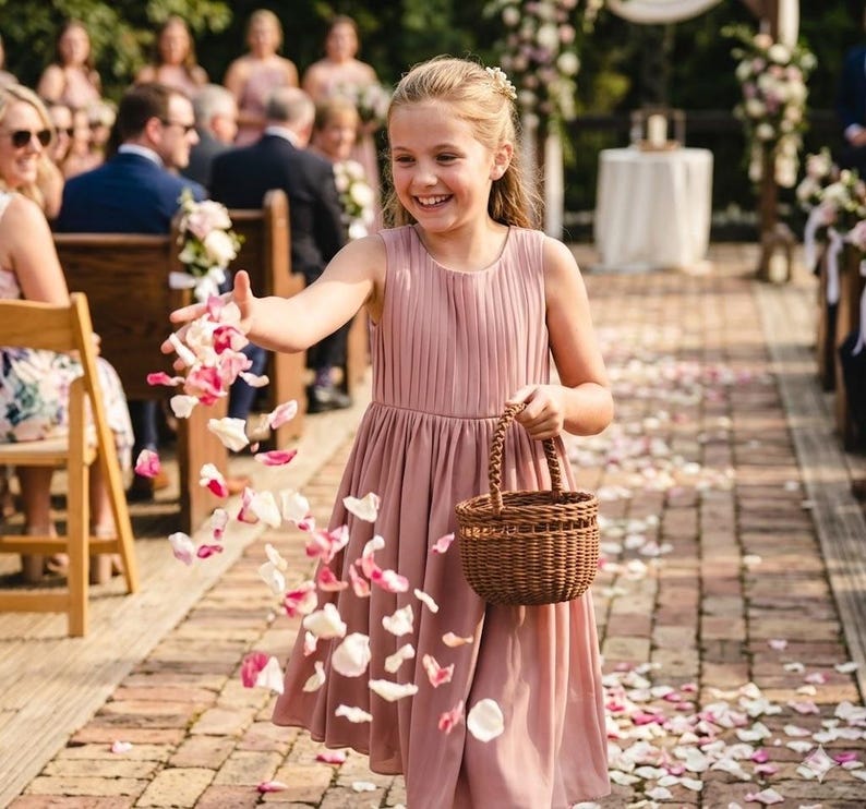 May include: A young girl in a dusky pink dress throws flower petals during a wedding ceremony. She holds a small woven basket and smiles. The petals are pink and white, scattered on a brick pathway.