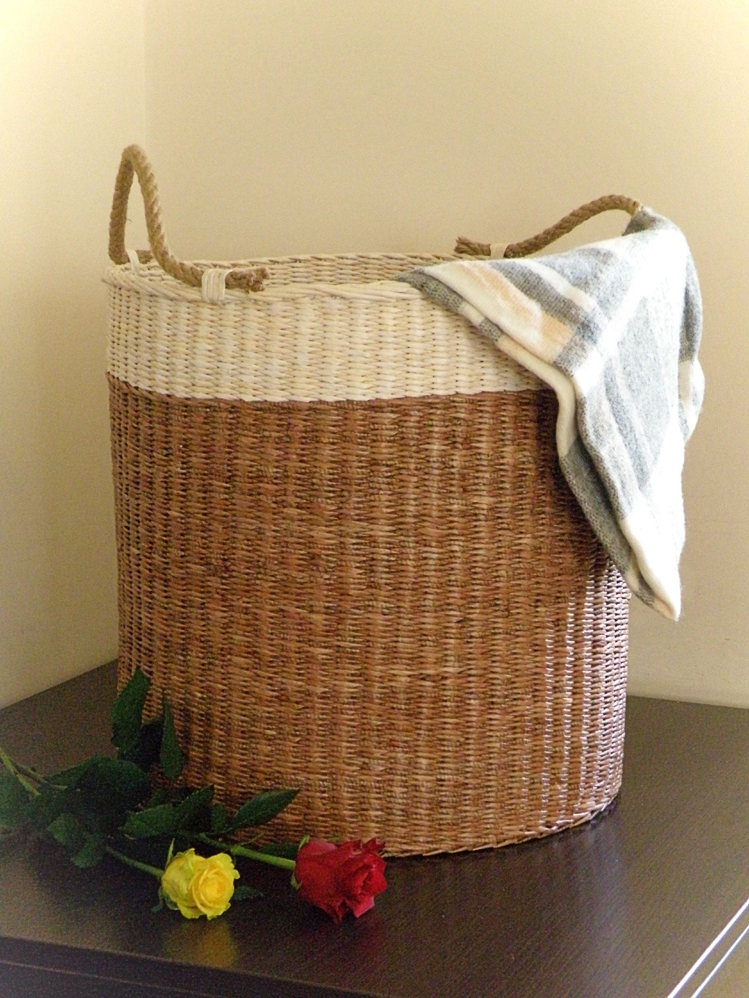 Tall wicker round basket with handle Two tone laundry basket Etsy