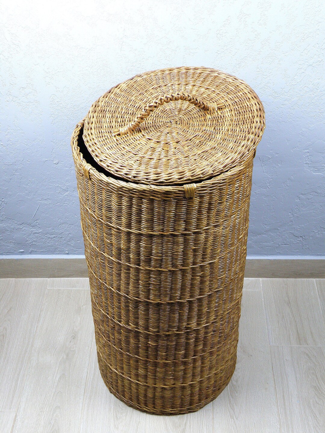 Tall Wicker Round Brown Basket With Lid Deep Laundry Basket Etsy