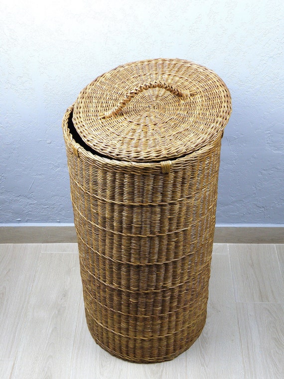 Tall Wicker Round Brown Basket With Lid Deep Laundry Basket Woven