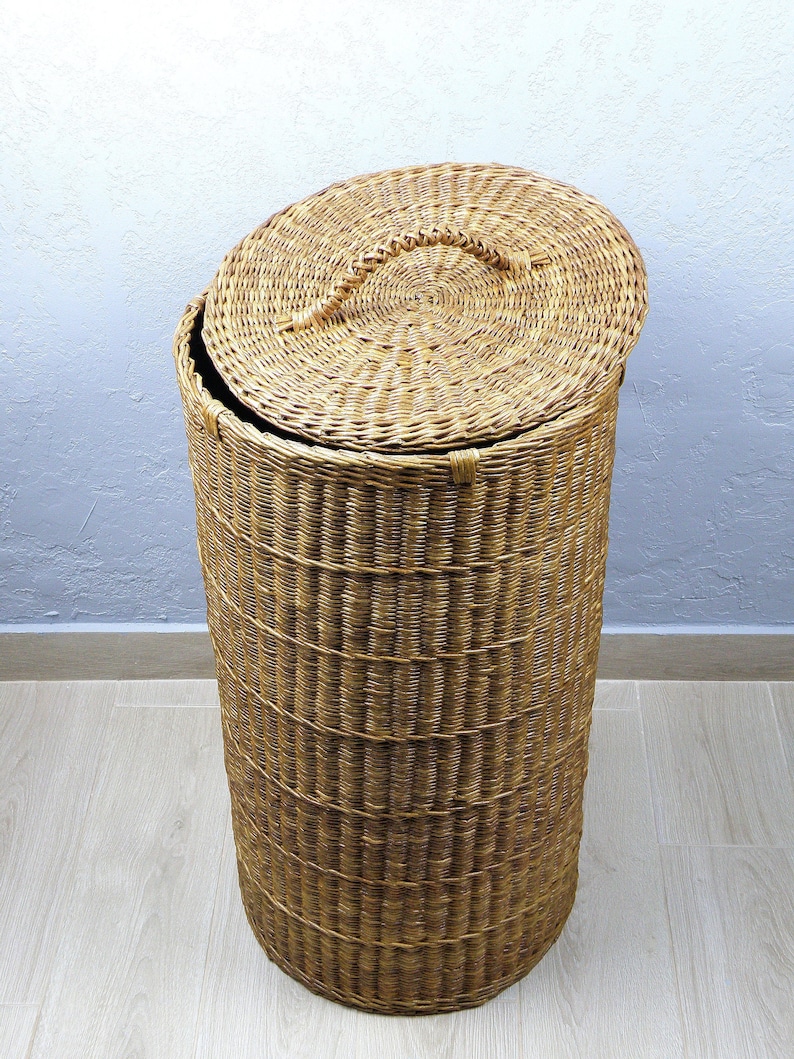 Tall Wicker Round Brown Basket With Lid Deep Laundry Basket Etsy