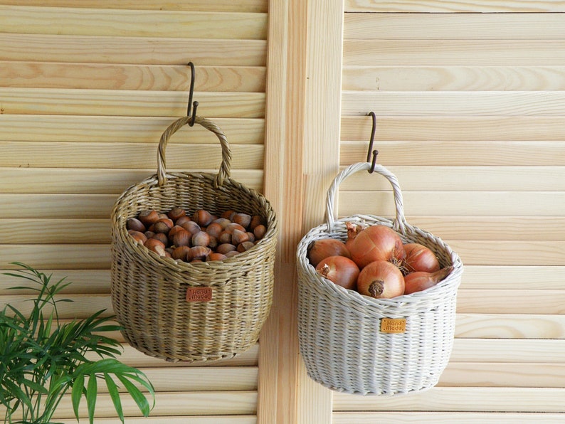 Wall hanging storage round basket Wall storage and organization Kitchen basket storage Rustic door basket Vegetable Fruit wicker baskets image 10