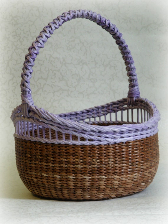 Large Round Wicker Basket With Handle Rustic Wedding Brown Handwoven Flower Purple Girl Gift