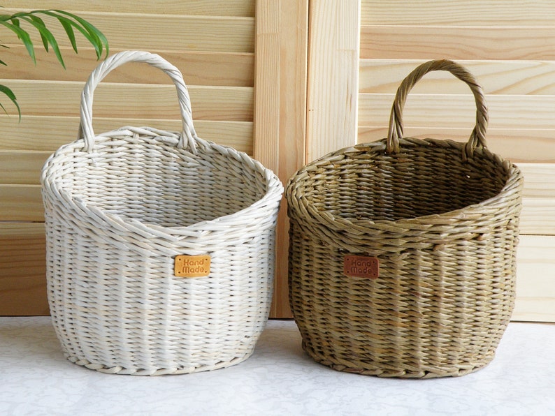 Wall hanging storage round basket Wall storage and organization Kitchen basket storage Rustic door basket Vegetable Fruit wicker baskets zdjęcie 5