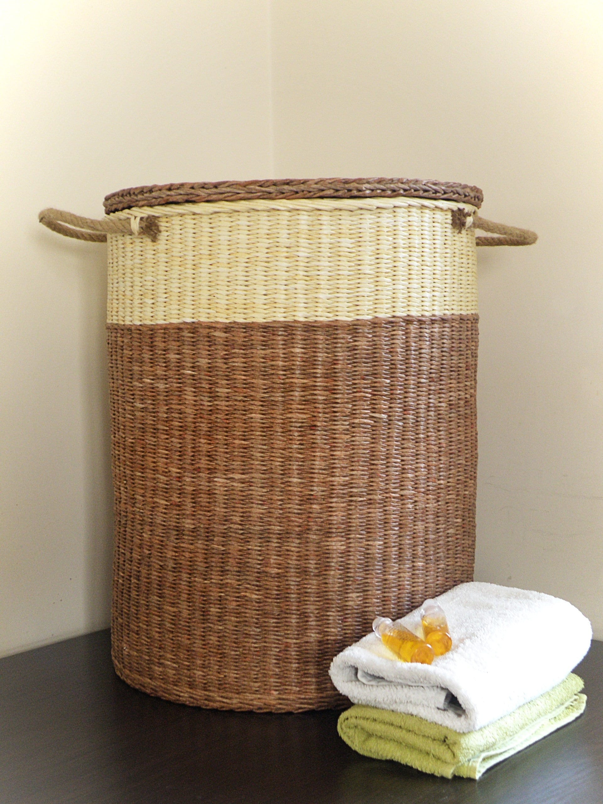 Large wicker round basket with lid Two tone woven storage Etsy