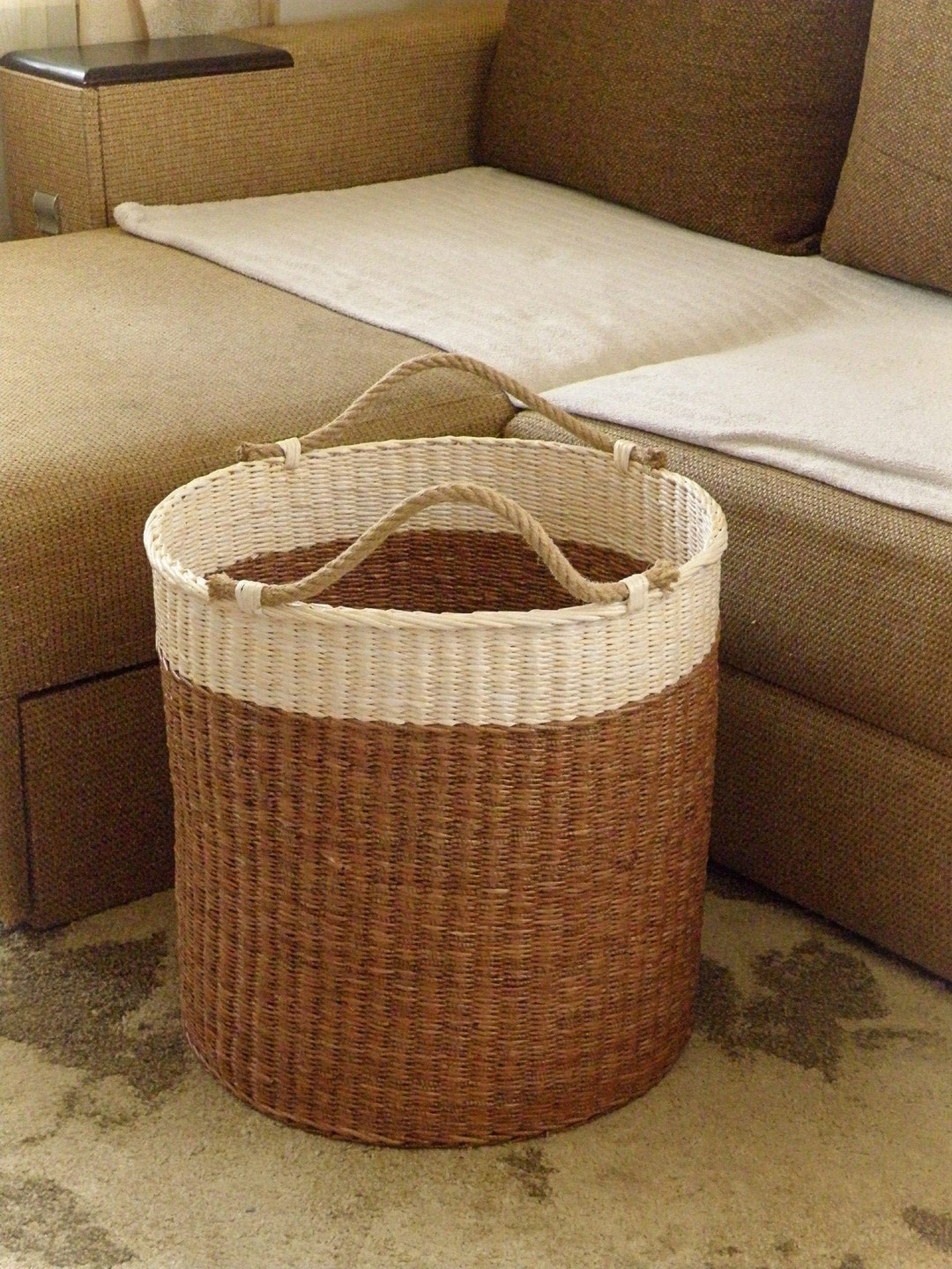 Tall Wicker Round Basket With Handle Two Tone Laundry Basket - Etsy
