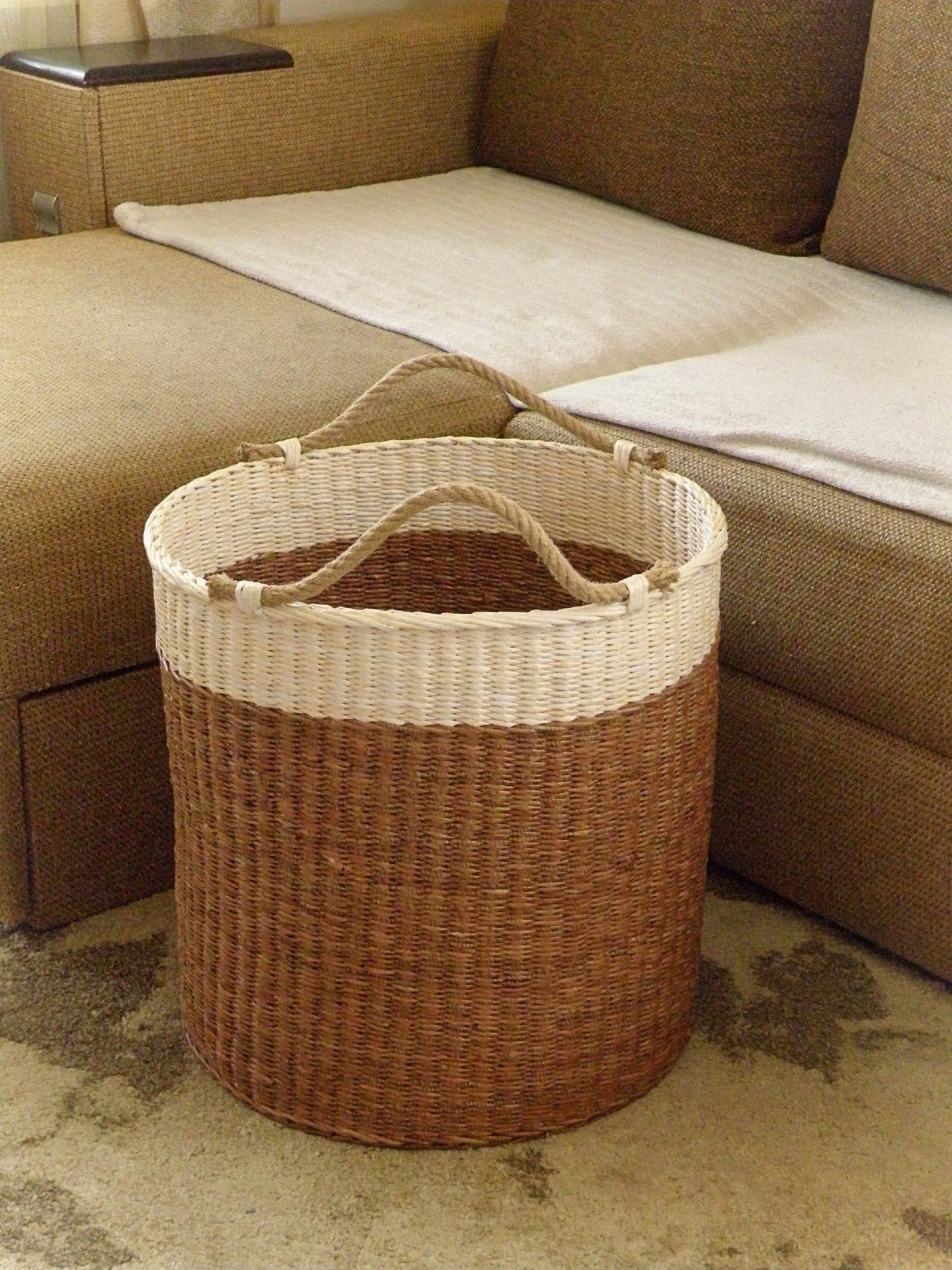 Tall wicker round basket with handle Two tone laundry basket Etsy