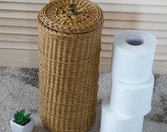 Toilet paper storage basket with lid Cylinder toilet roll holder Spare Roll Holder Wicker Small Cylinder Bathroom Bin Toilet paper holder