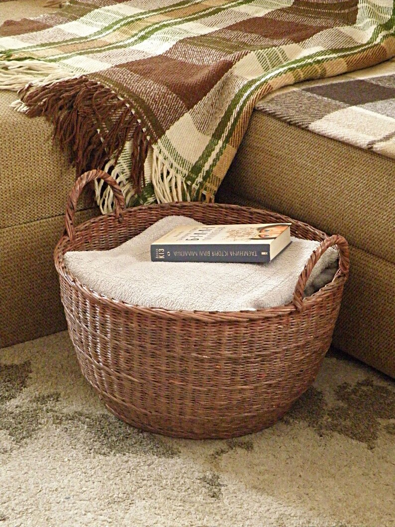 Farmhouse woven round storage basket Large wicker laundry Etsy
