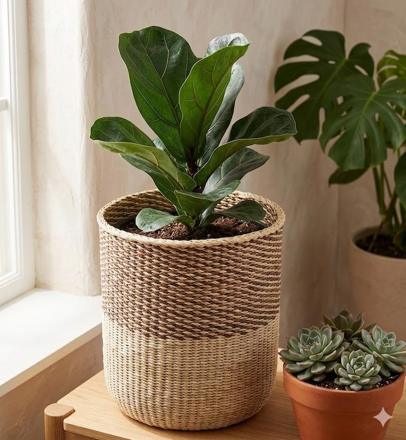 May include: A fiddle leaf fig plant potted in a cylindrical woven basket with a two-tone design, featuring a dark brown upper section and a light beige lower section. The plant has large, glossy, dark green leaves with prominent veins.