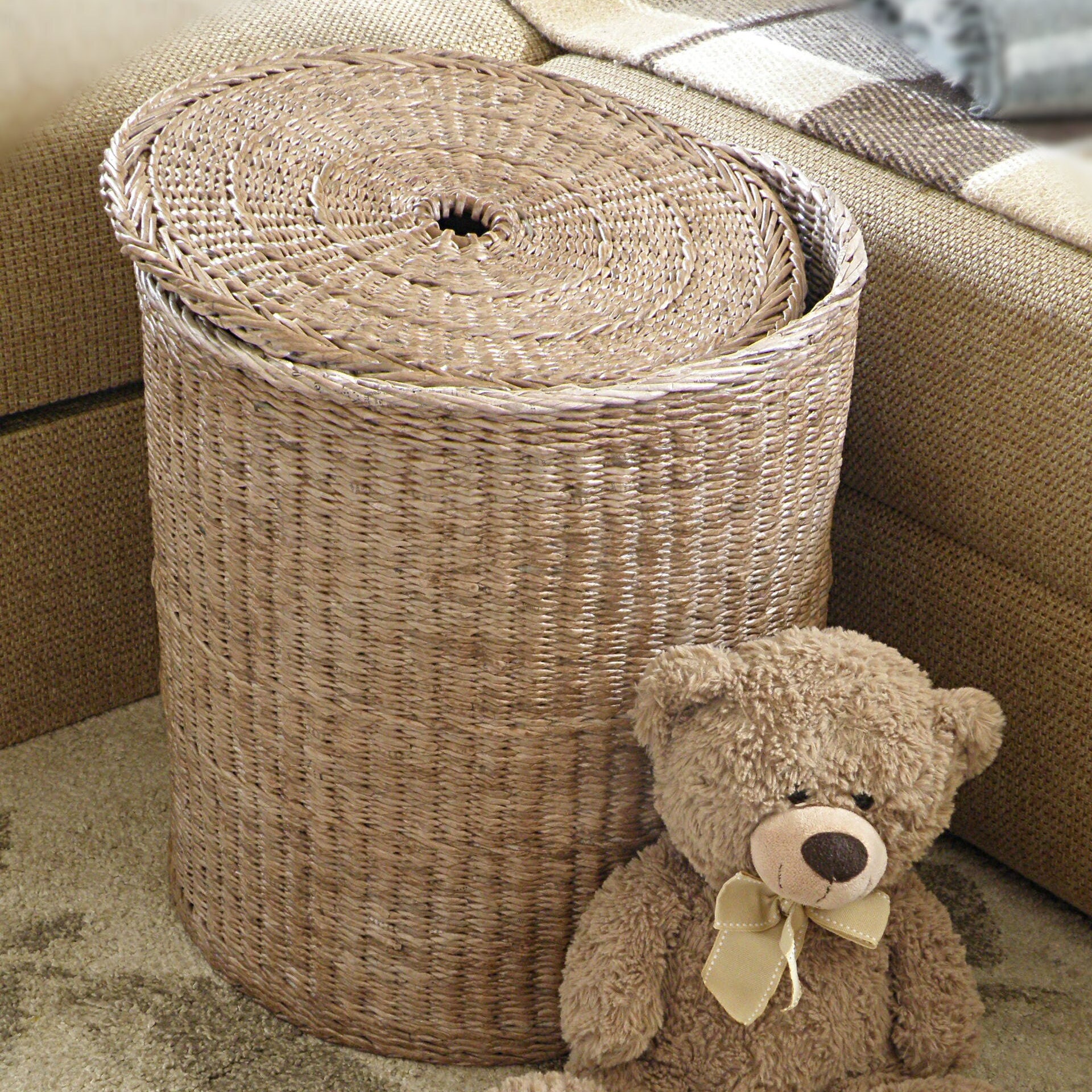 Tall Wicker Round Brown Basket With Lid Deep Laundry Basket Woven Large ...