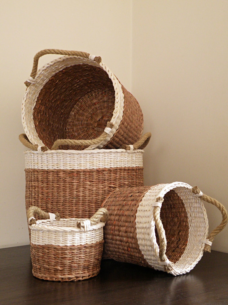 Two Tone Woven Storage Basket Planters Basket Laundry Wicker Etsy