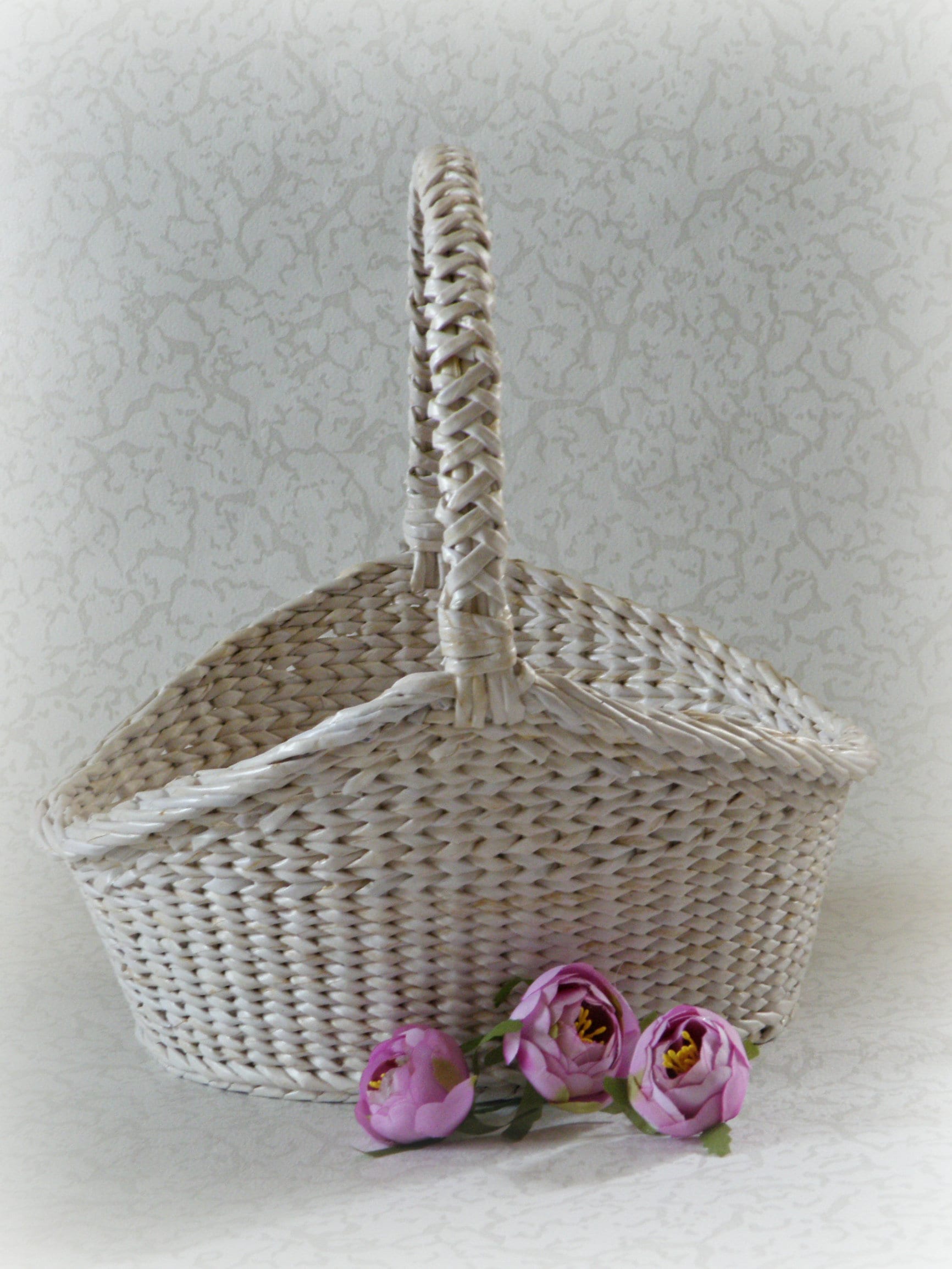 IVORY FABRIC BASKET WITH OVAL RING  6.5×8.2 INCH WEDDING FLOWER GIRL 