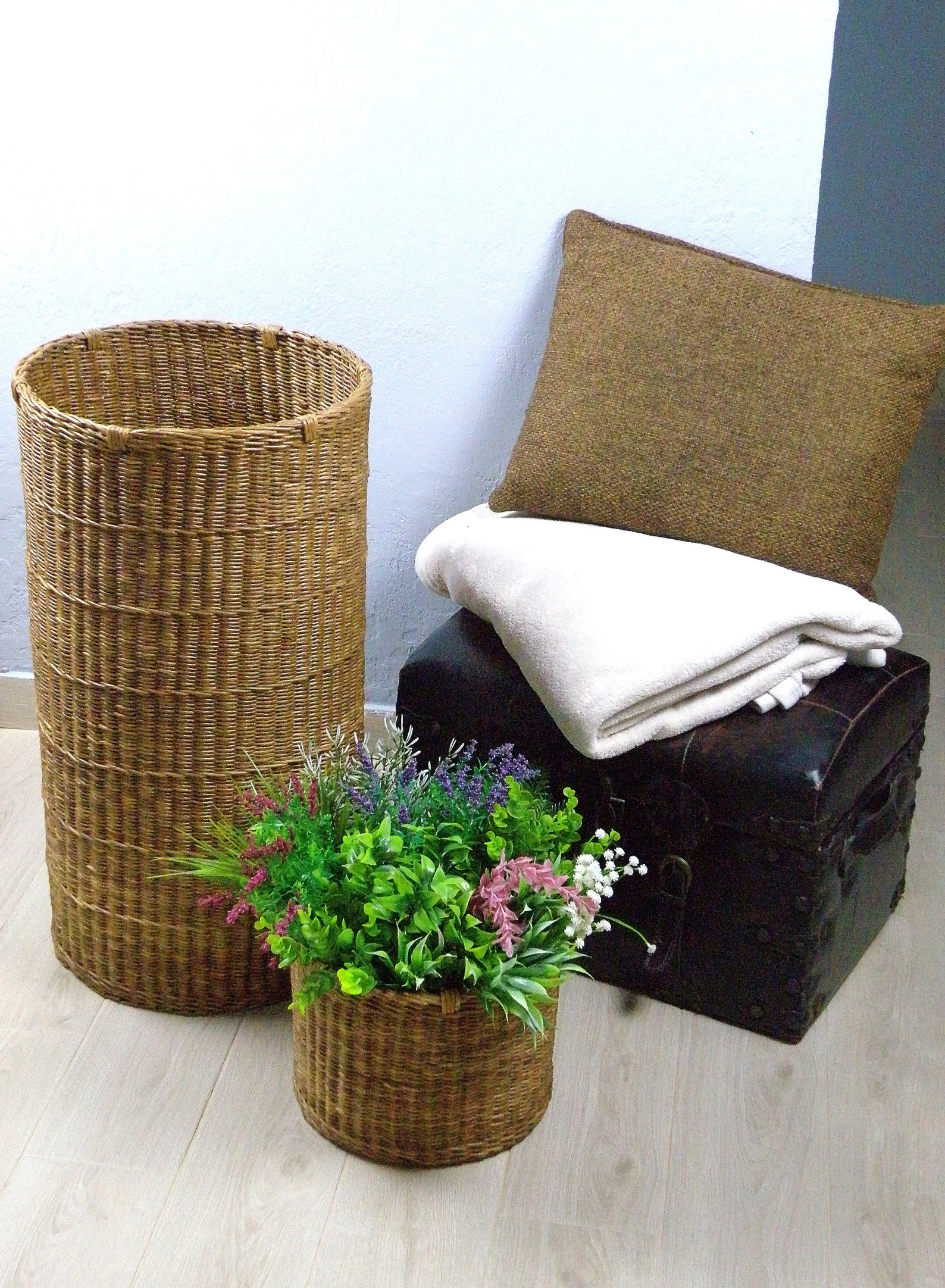 Tall Wicker Round Brown Basket With Lid Deep Laundry Basket | Etsy