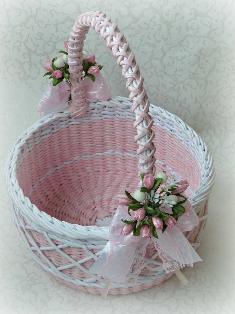 Pink wicker round basket with handle Flower girl basket