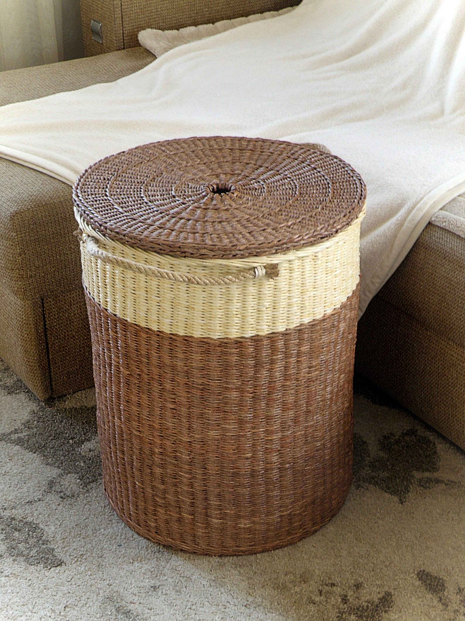 Large Wicker Round Basket With Lid Two Tone Woven Storage Etsy