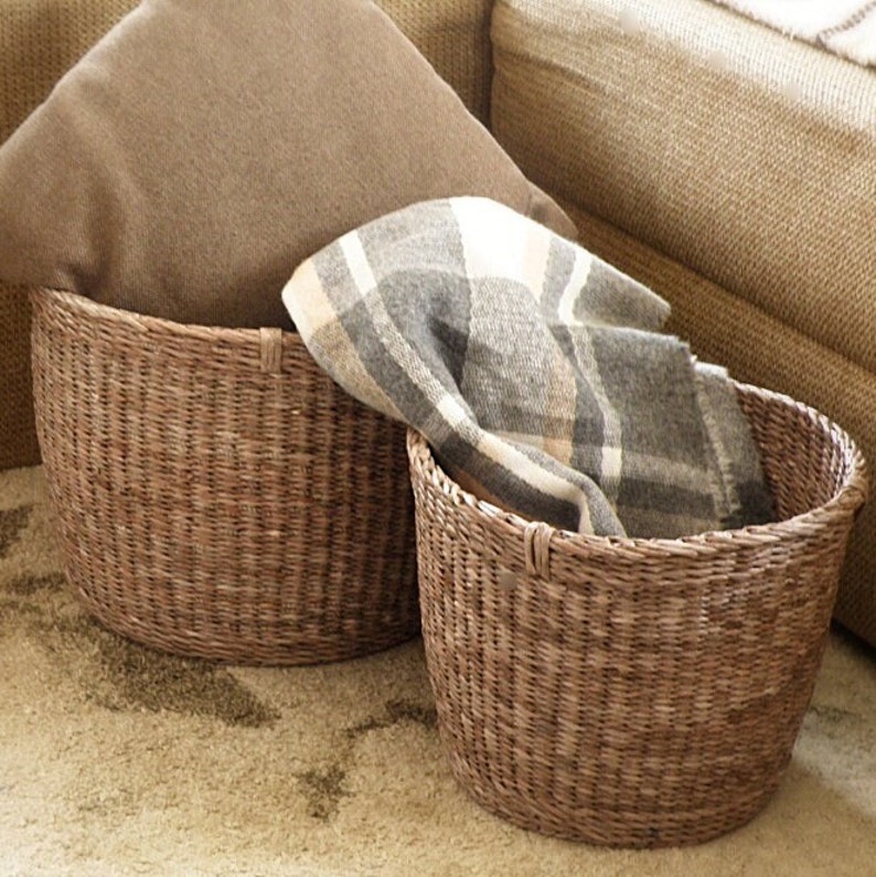 Natural woven brown storage basket Laundry wicker round basket Hamper bin Large Planter basket Banana Tree Bark Basket Waste basket Gift image 1