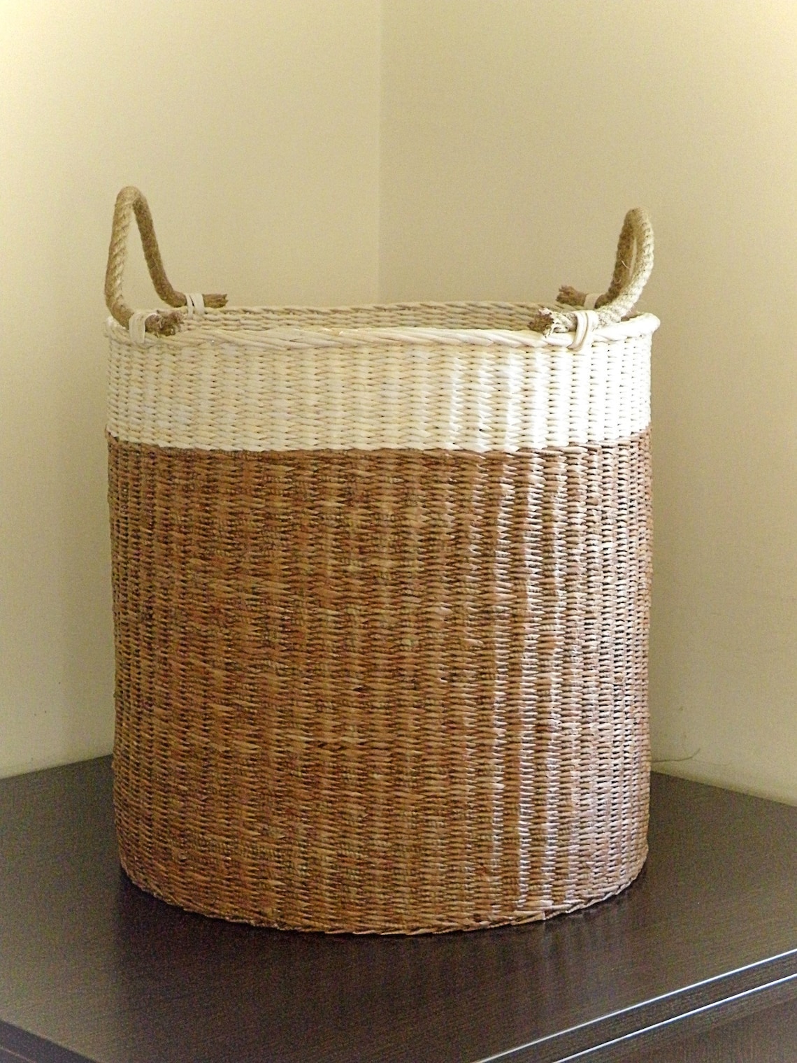 Tall wicker round basket with handle Two tone laundry basket Etsy