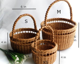 Cesta de boda rústica Set cesta de boda de mimbre Cesta de niña de flores con asa Cesta de pétalos pequeños Cesta redonda marrón Mini cesta de mimbre