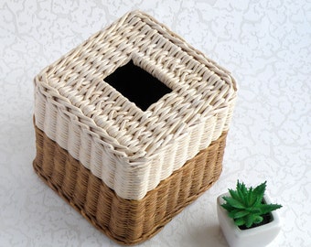 Quadratische Taschentuchbox-Abdeckung Braun Beige Gewebe-Aufbewahrung für Badezimmer Weidengewebe-Box-Abdeckung Gewebter Gewebespender Handgemachter Gewebebox-Halter