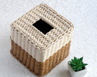 Square Tissue Box Cover Brown Beige Tissue Storage for Bathroom Wicker Tissue Box Cover Woven Tissue Dispenser Handmade Tissue Box Holder