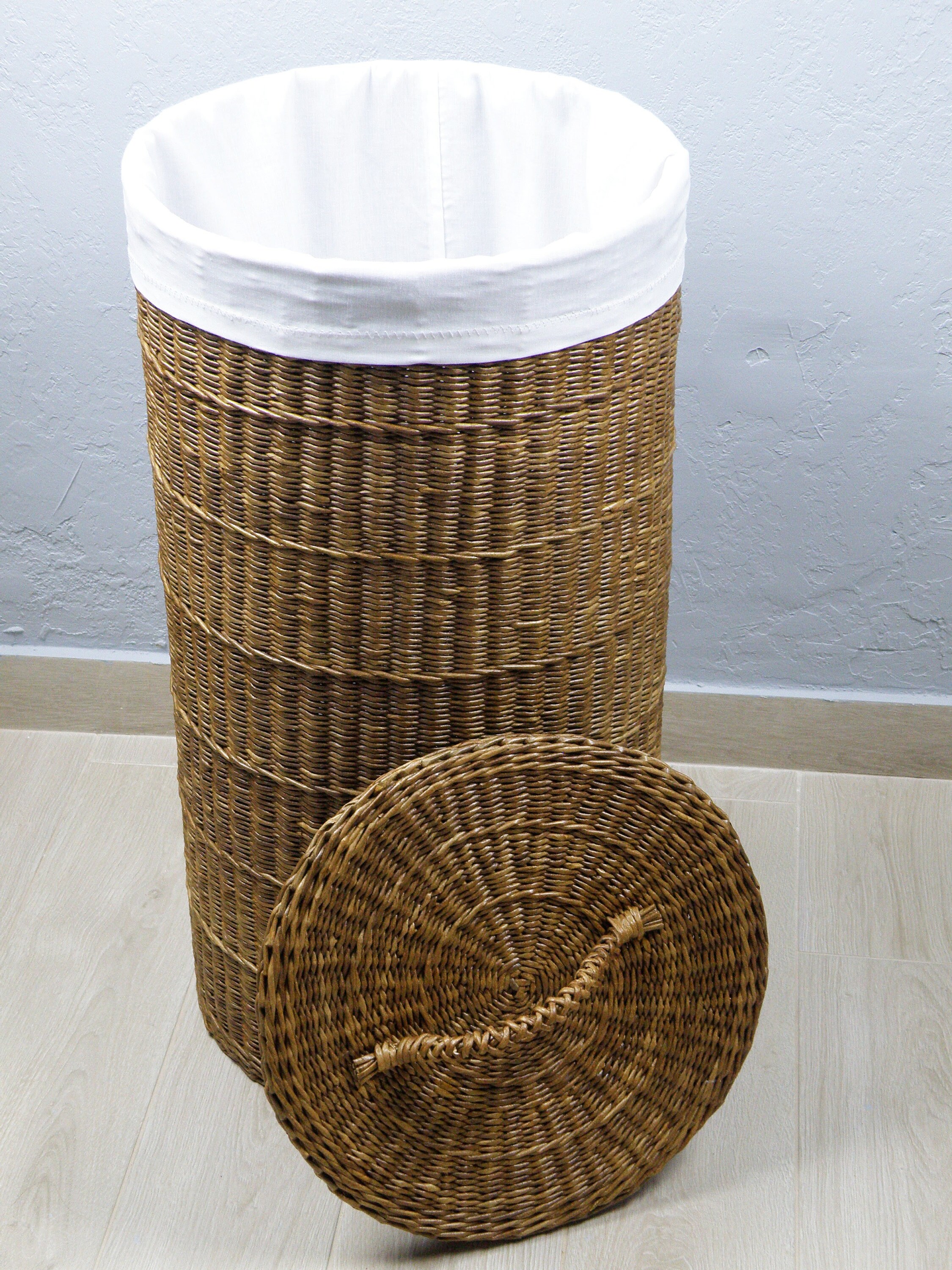 Tall laundry basket Wicker large basket with liner Round Etsy