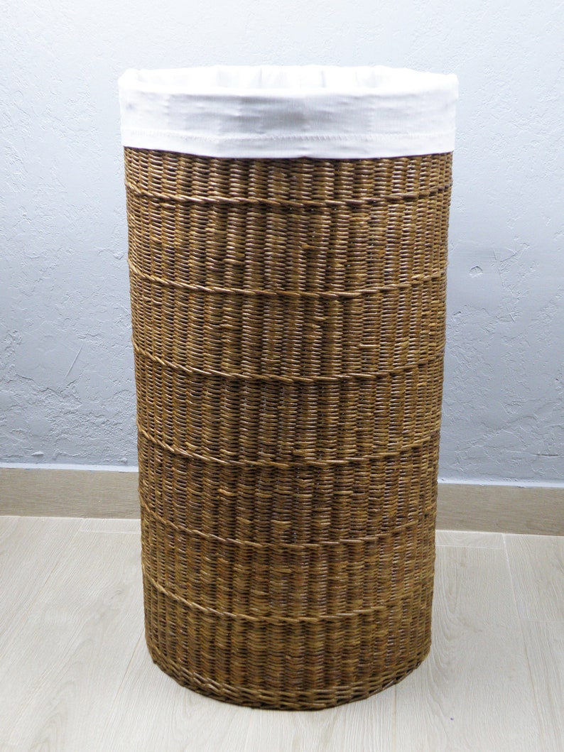 Tall Wicker Round Brown Basket With Lid Deep Laundry Basket Woven Large ...