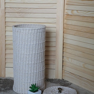 May include: A white wicker basket with a lid and a small potted plant. The basket is sitting on a light brown rug.